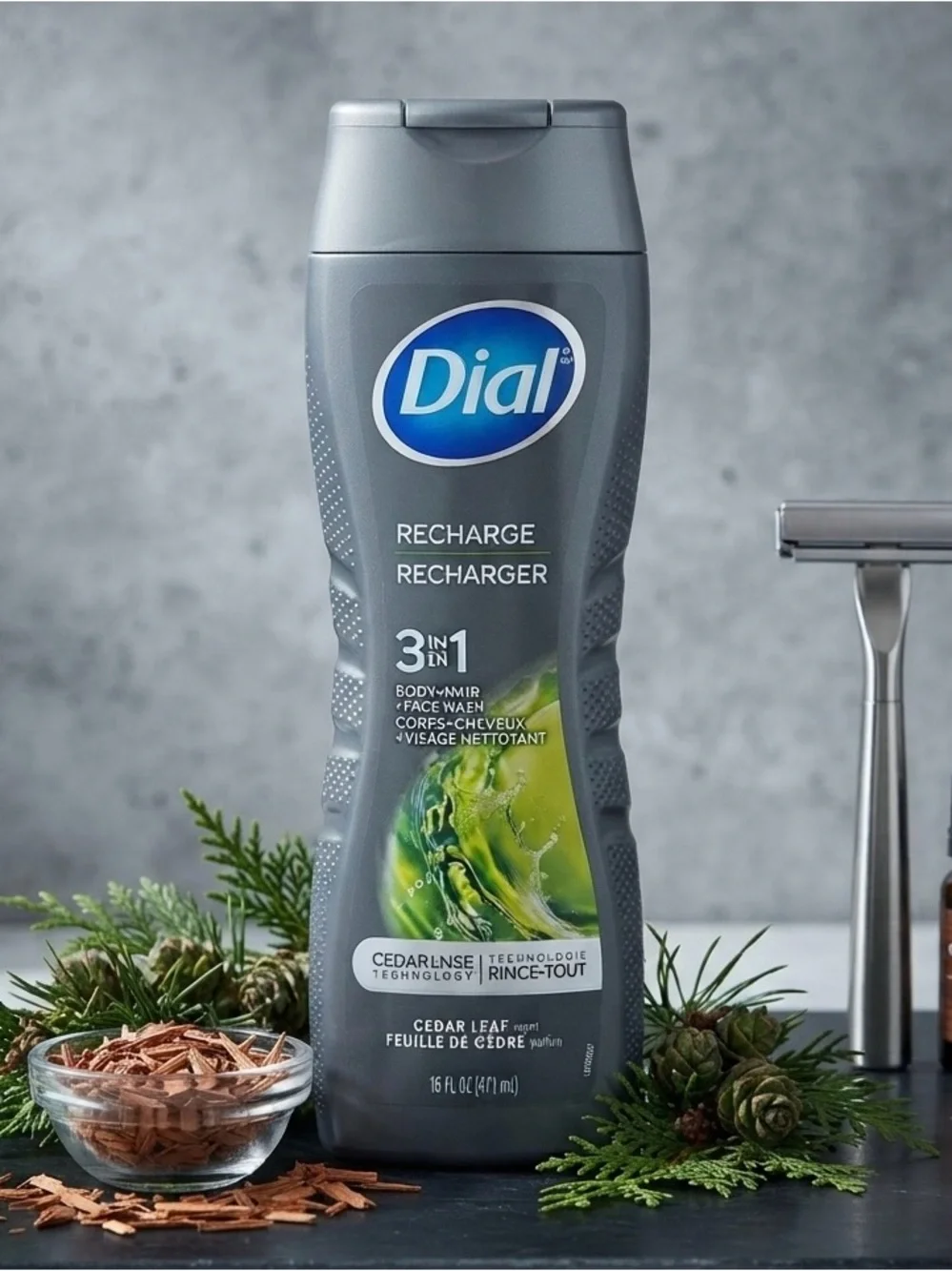 Dial Men Recharge 3-in-1 Body Wash, Hair & Face Cleanser – Cedar Leaf Scent, 16